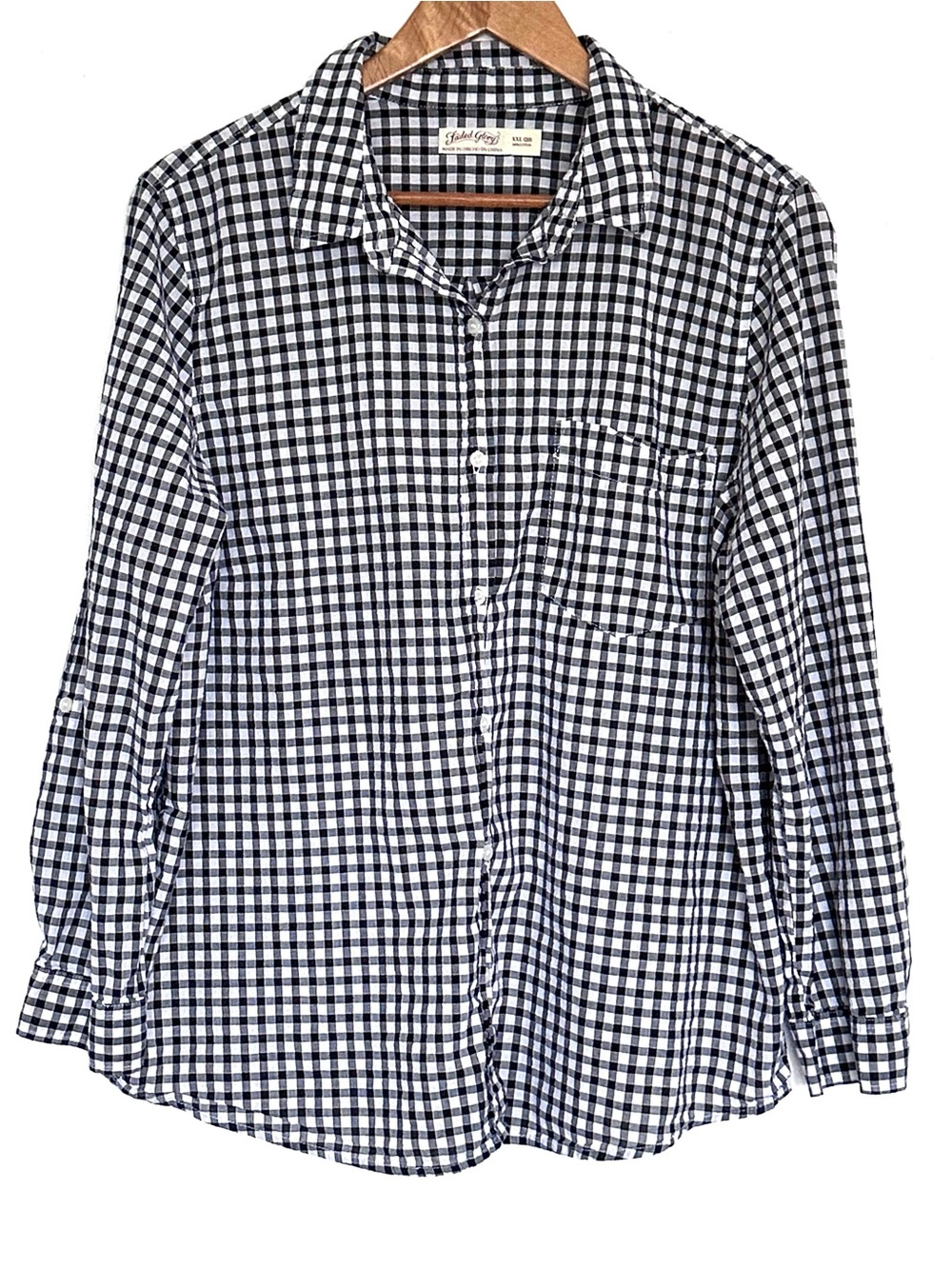 Faded Glory Shirt Women’s XXL Black White Cotton Button Up Long Roll Tab Sleeve